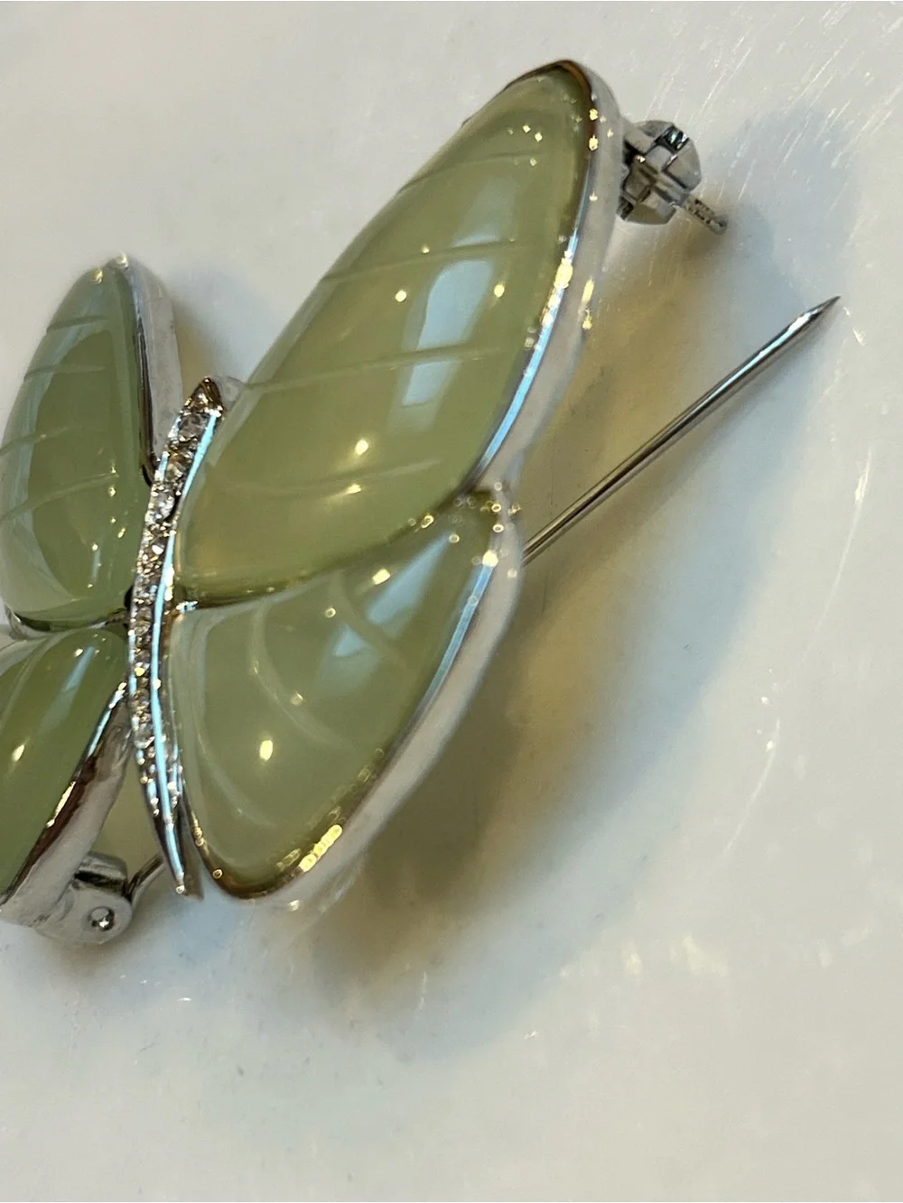 Silver tone light Green Butterfly Brooch with Crystal Accents pendant or pin